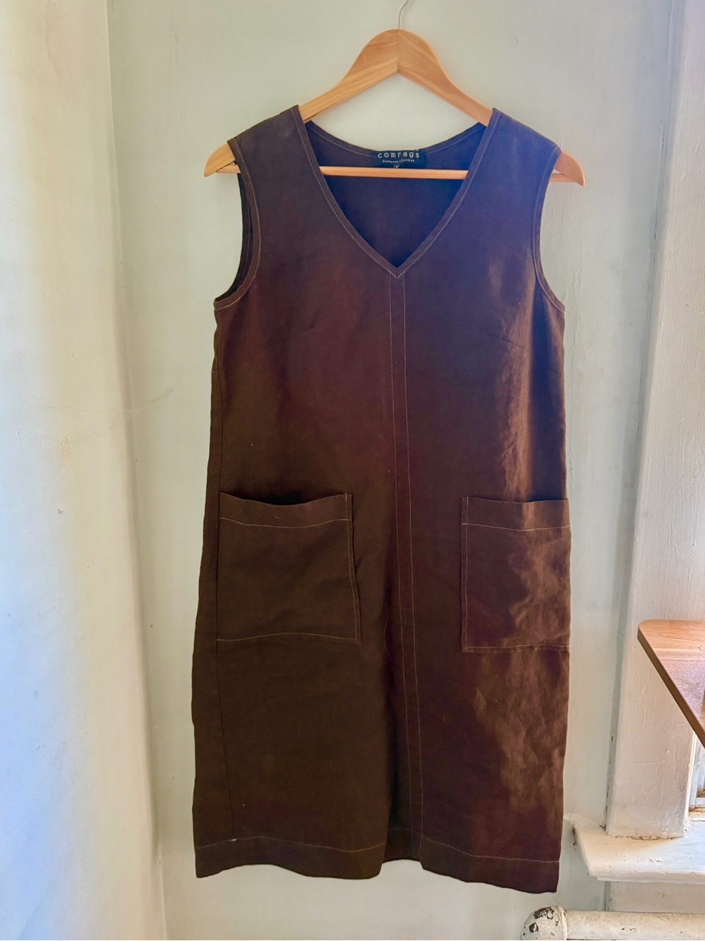 Linen Comrags V-Neck  Midi Dress in Dark Brown